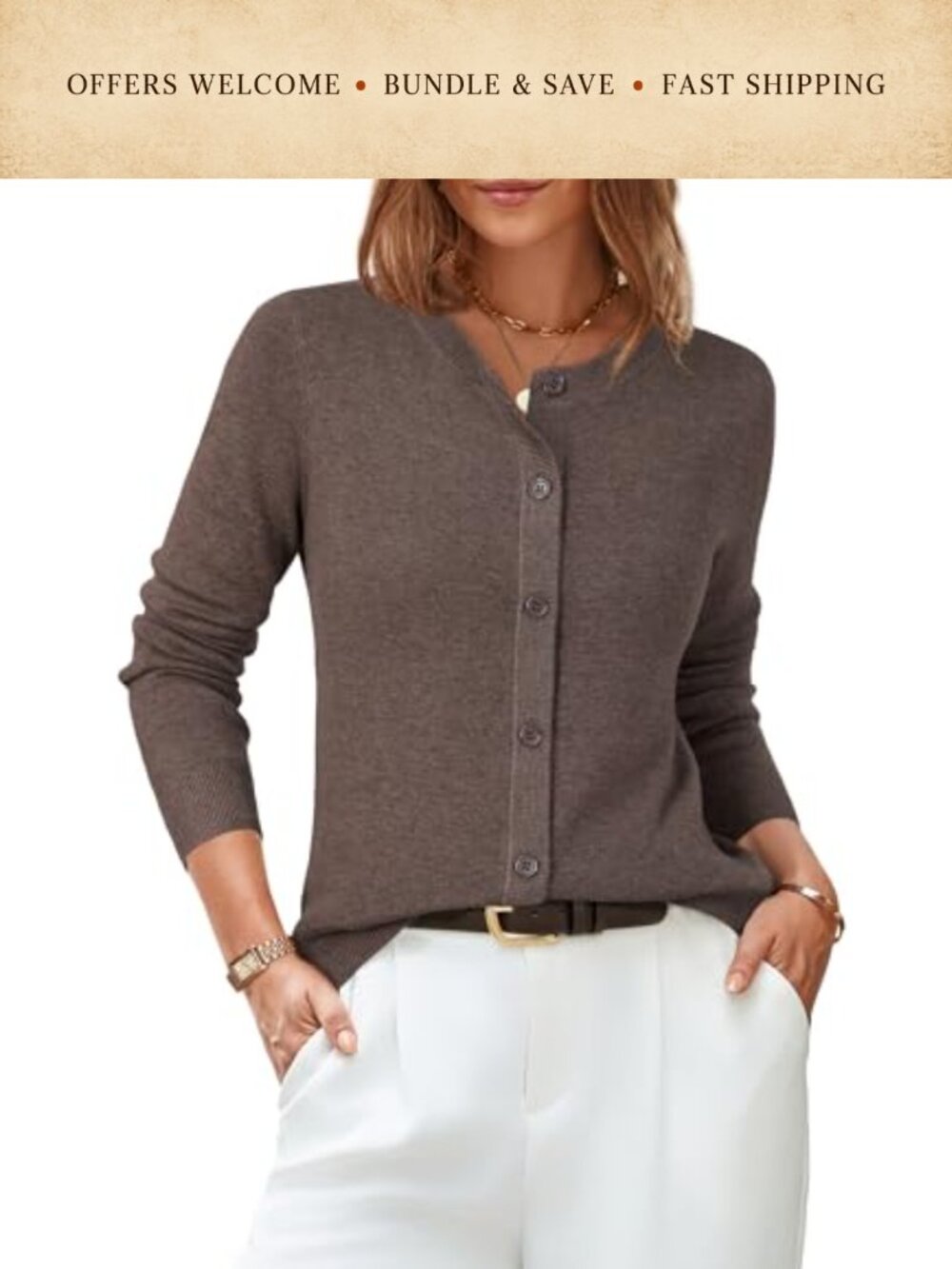 Wool Blend Cardigan Sweater Business Casual Long Sleeve Button Crew Neck